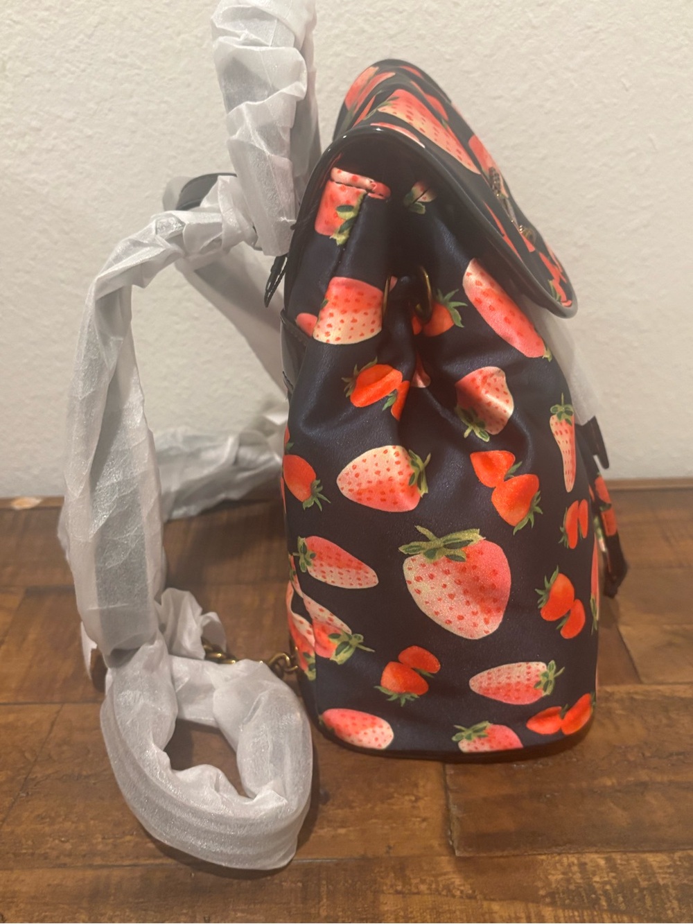 Kurt Geiger Navy Backpack with Red Strawberry Print - Picture 4 of 10